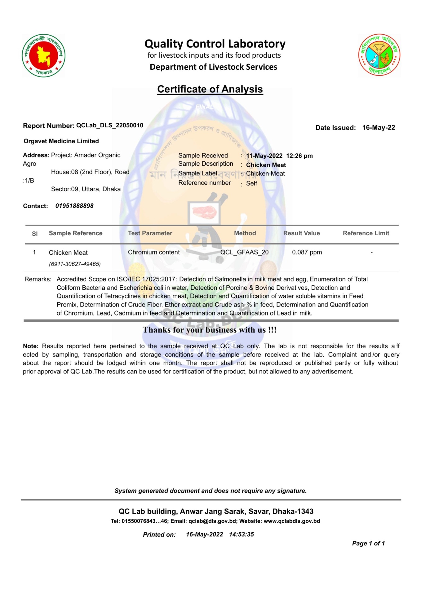 Certificate of Analysis — Chromium